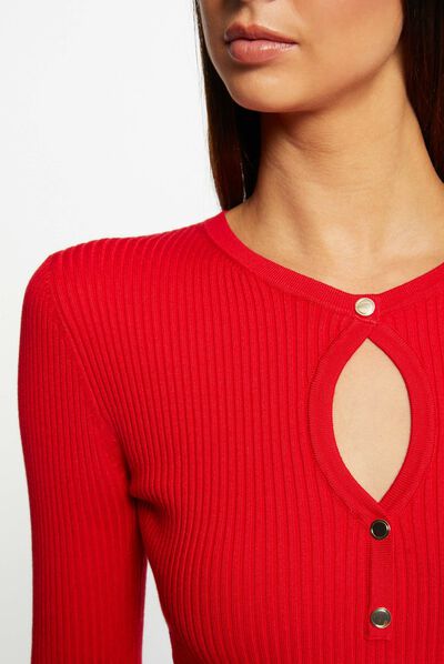Pull manches longues à ouverture rouge femme