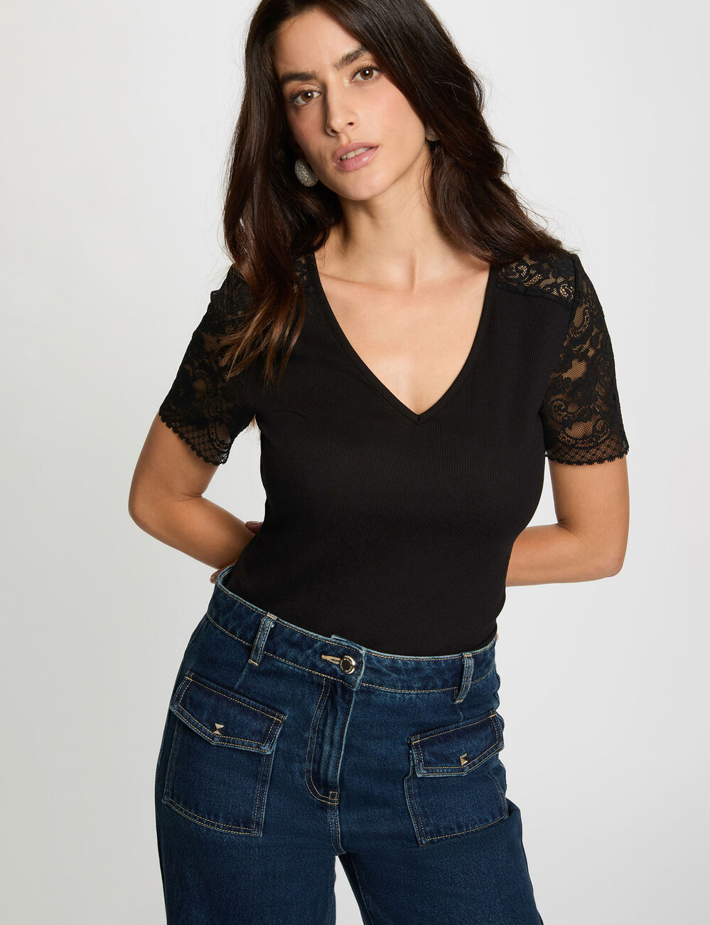 Tee-shirt Chaud Col V En Dentelle - Lovely Lingerie