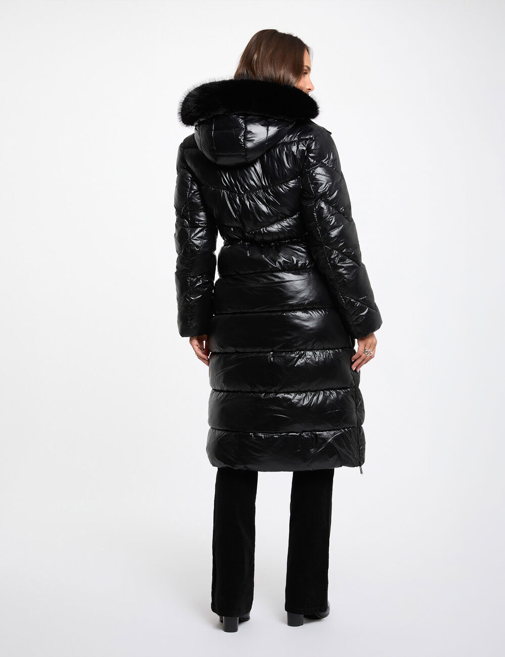 Doudoune longue fausse fourrure noir femme