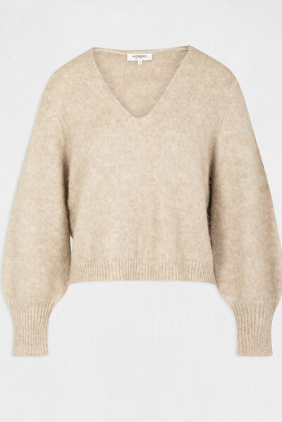Pull manches longues à col en V beige femme
