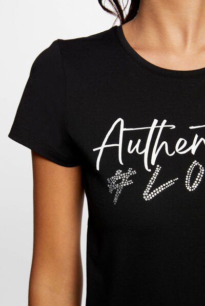 T-shirt manches courtes à inscription noir femme
