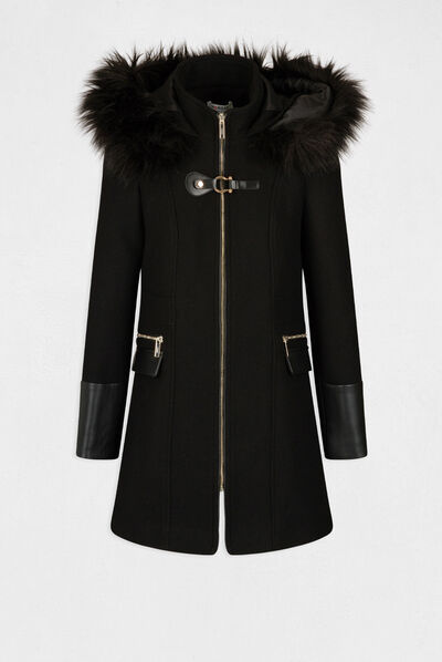 Manteau droit zippé à capuche noir femme