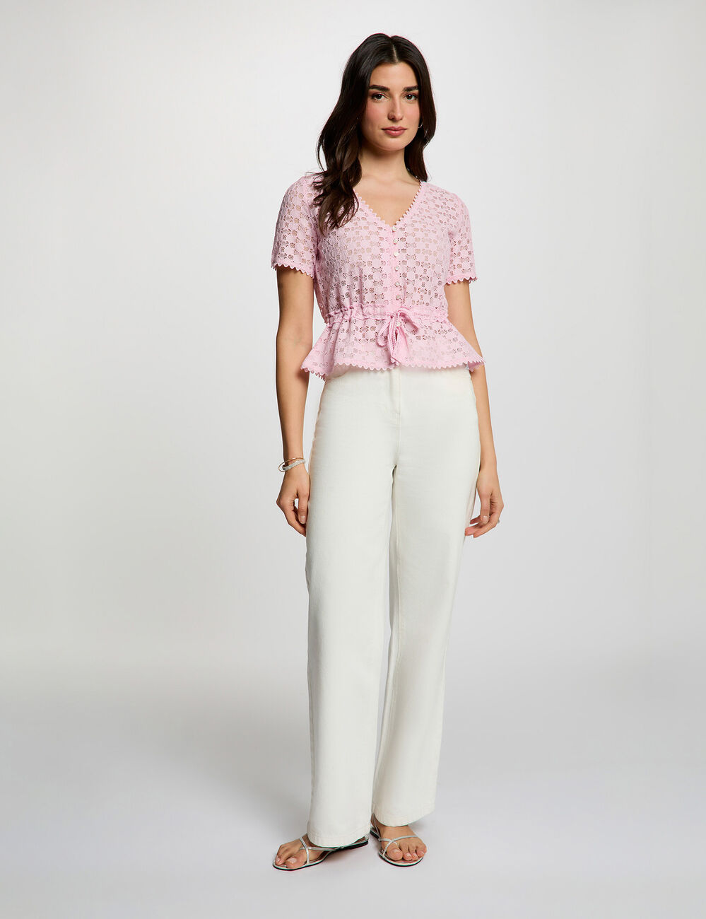 T-shirt manches courtes en dentelle rose femme