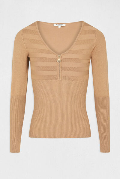 Pull manches longues à détail zippé camel femme