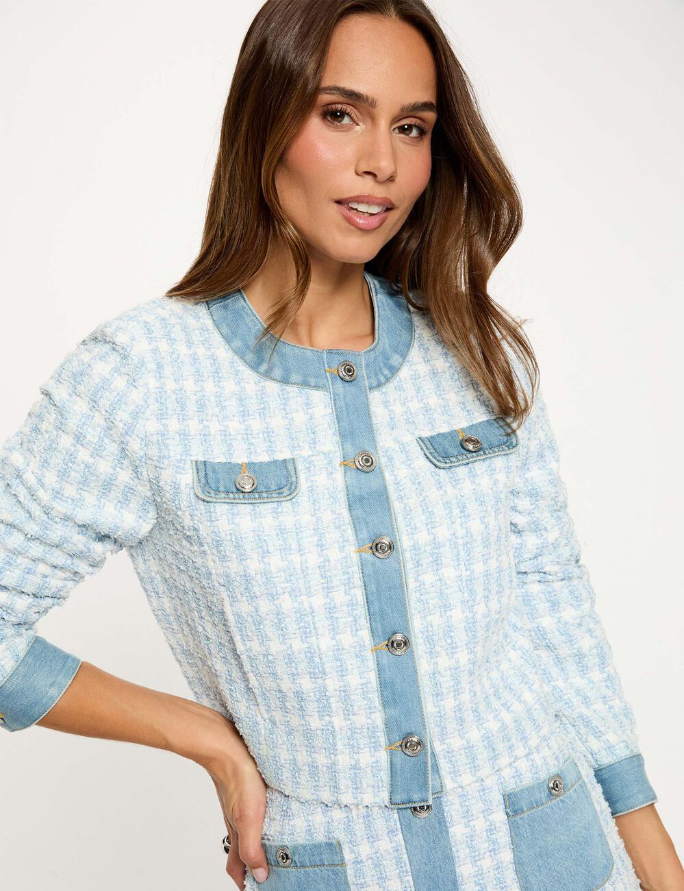 Veste ajust&eacute;e col rond bleu ciel femme