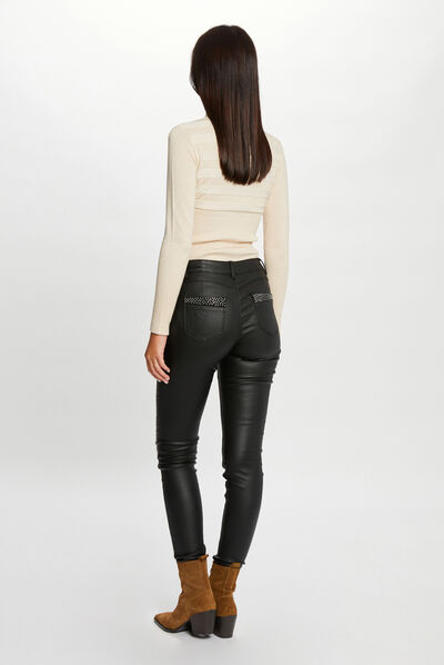 Pantalon skinny enduit à strass noir femme