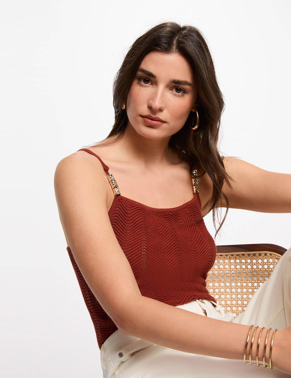 Top maille bretelles fines marron cognac femme