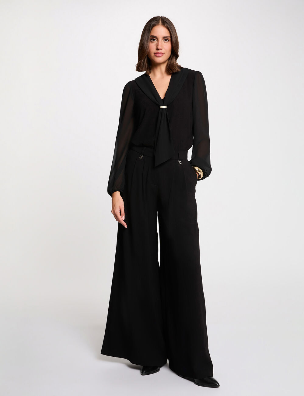 T-shirt voile col lavalli&egrave;re noir femme