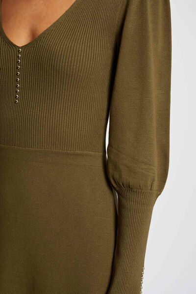 Robe pull patineuse avec col en V vert moyen femme