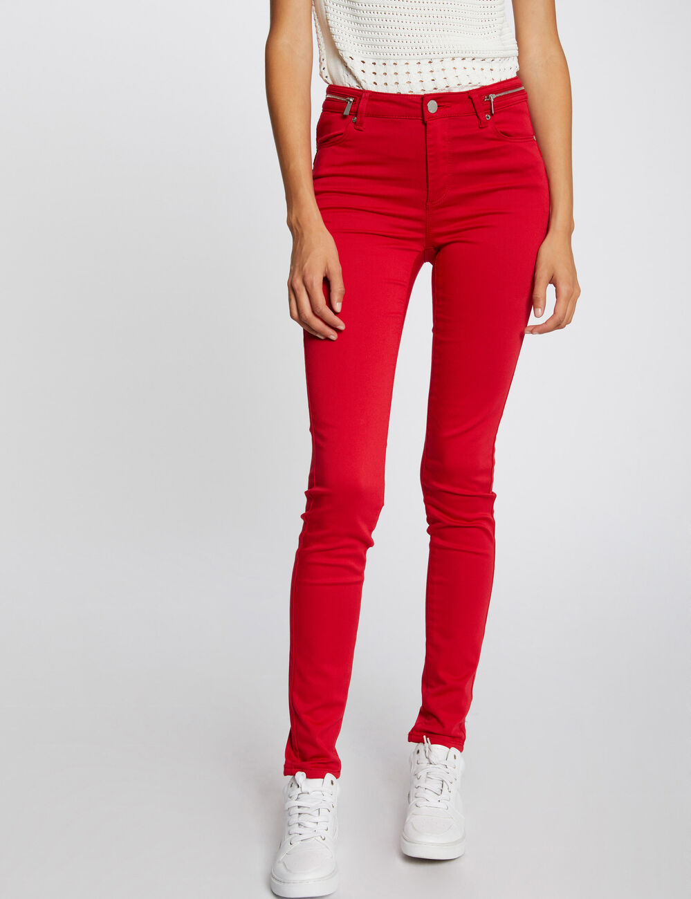 Pantalon slim &agrave; d&eacute;tails zipp&eacute;s rouge femme