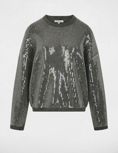 Pull sequins col rond gris fonc&eacute; femme