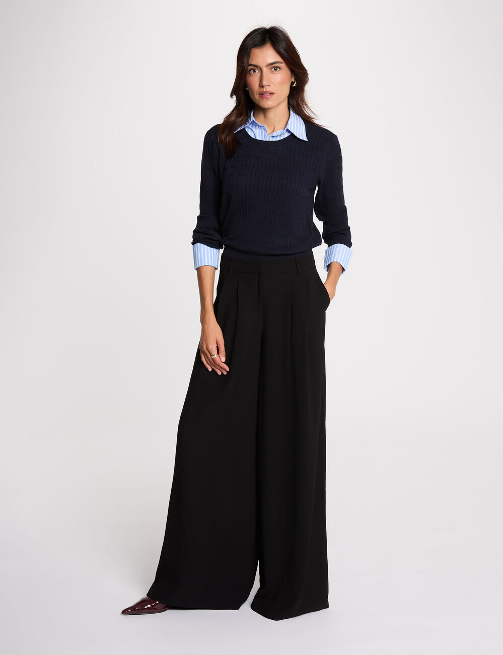 Pull col &agrave; revers bleu marine femme