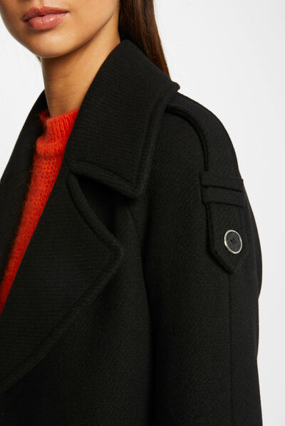 Manteau long cintré détails simili cuir noir femme