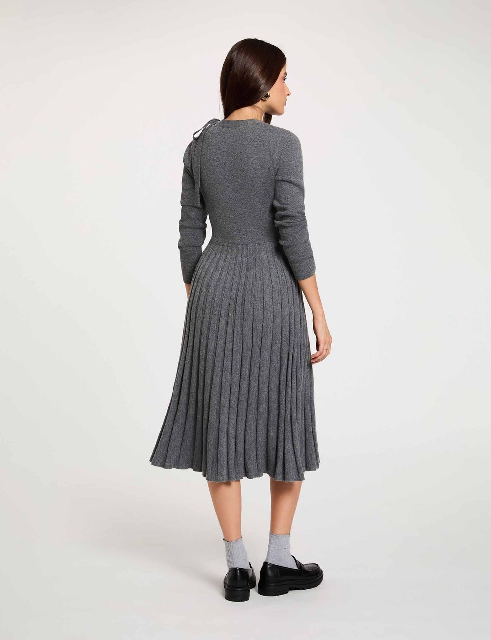 Robe tricot pliss&eacute;e gris clair femme
