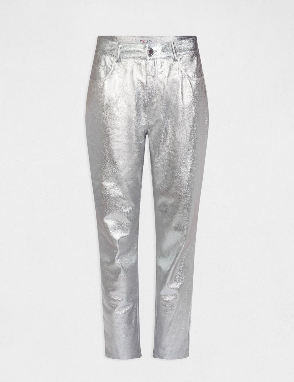 Pantalon droit simili cuir m&eacute;tallis&eacute; argente femme