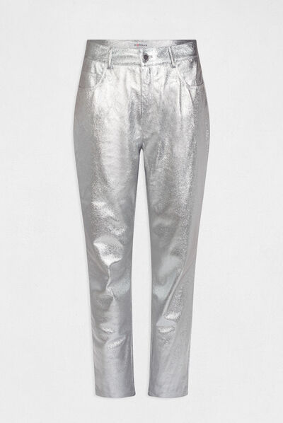 Pantalon droit simili cuir métallisé argente femme