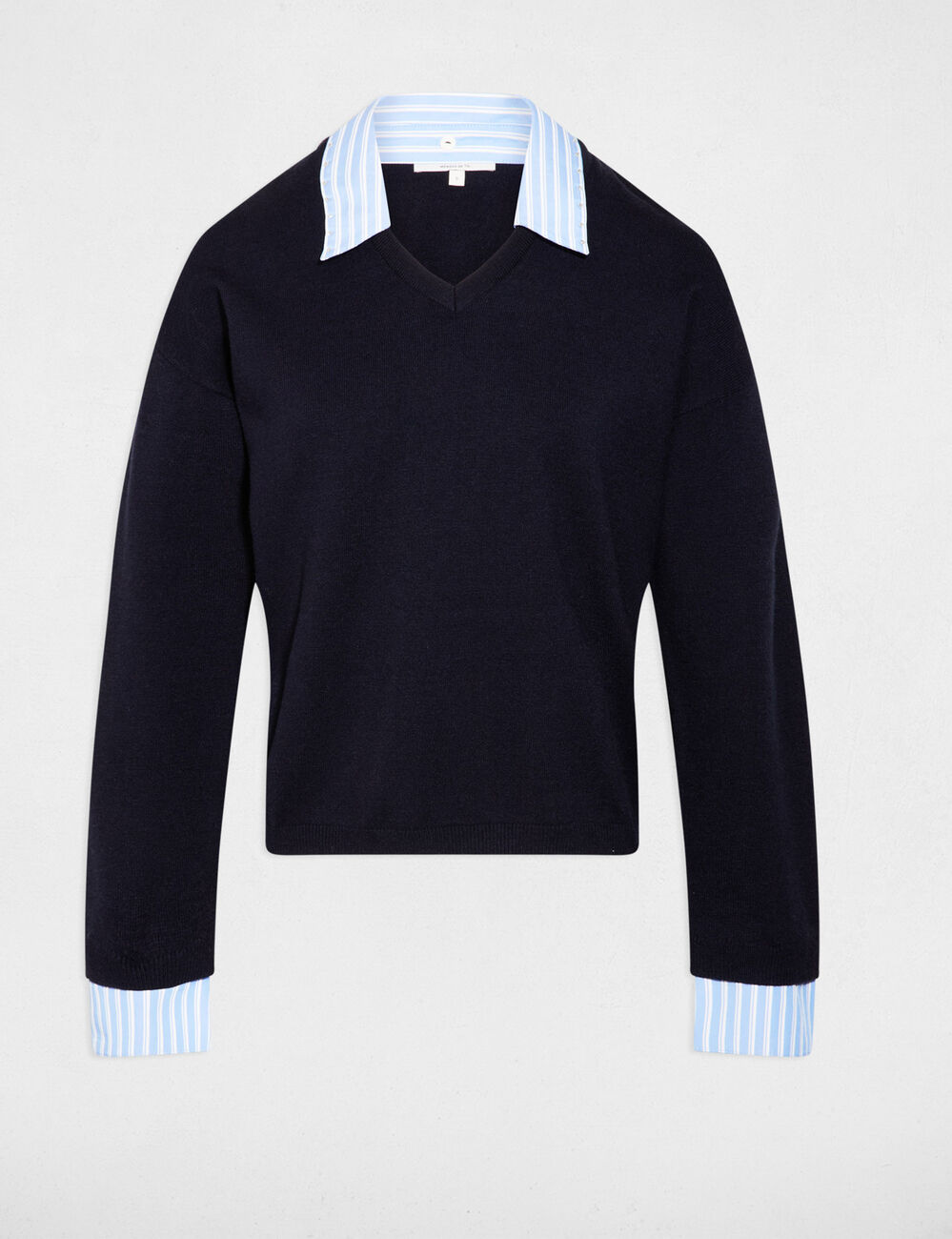 Pull col revers ray&eacute; bleu marine femme