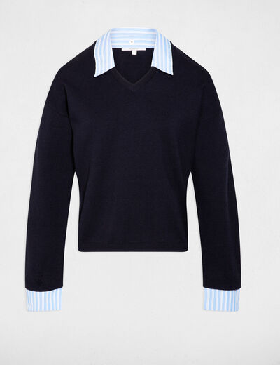 Pull col revers ray&eacute; bleu marine femme