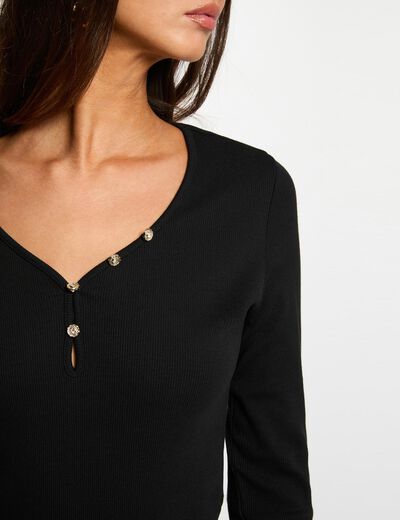 T-shirt col coeur boutonn&eacute; noir femme