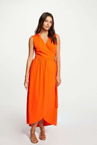 Robe longue portefeuille sans manches orange femme