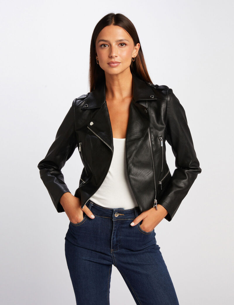 Blouson droit avec col cranté à revers noir femme