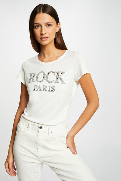 T-shirt manches courtes à inscription argente femme