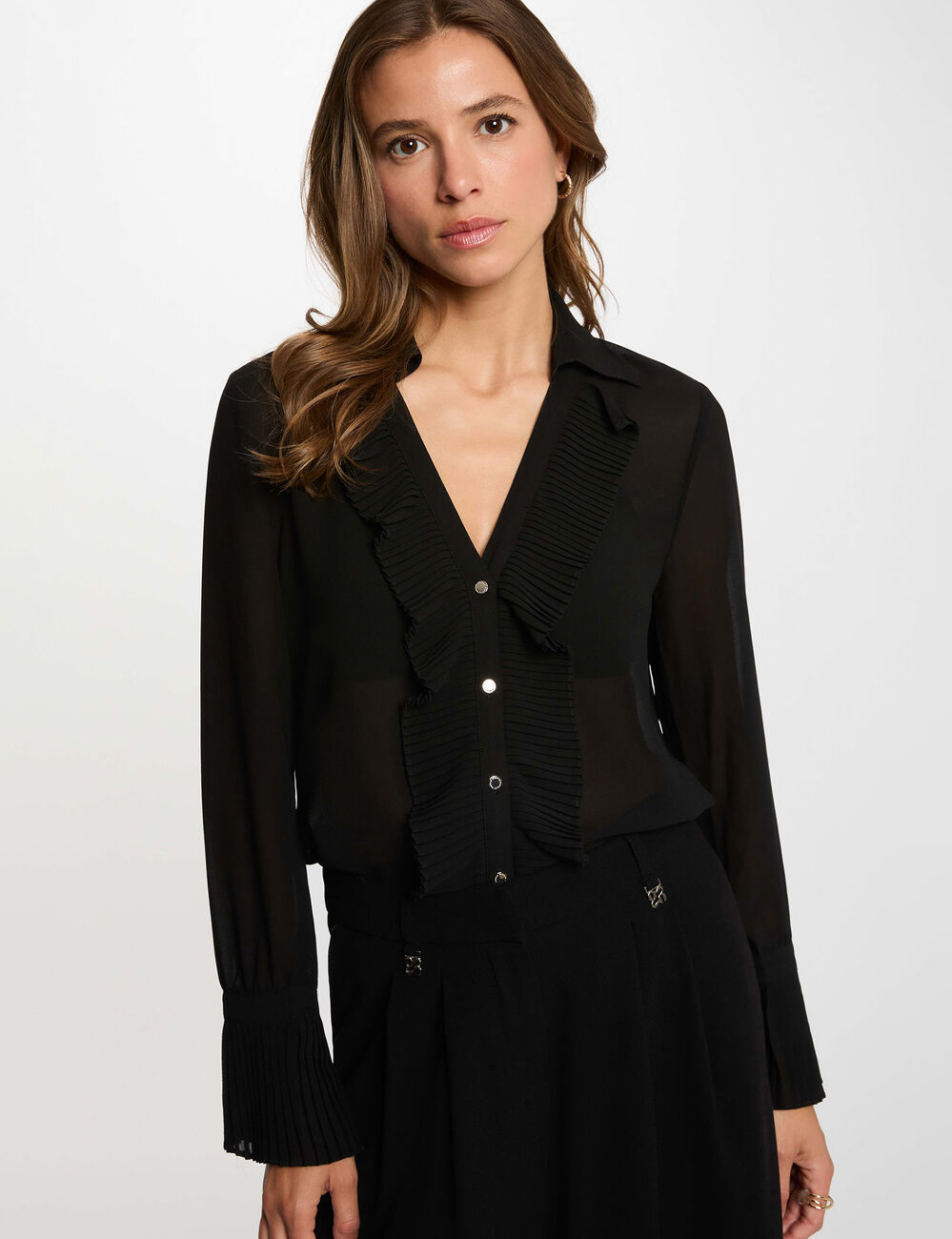 Chemise voile col &agrave; revers noir femme