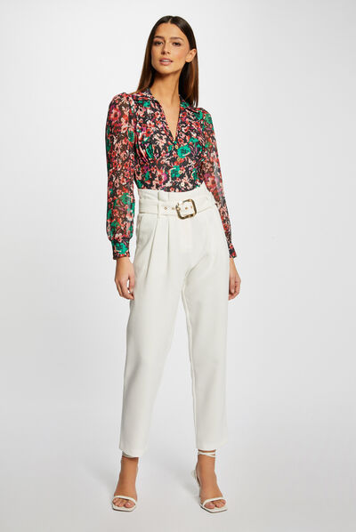 Pantalon droit taille haute ceinturé ecru femme