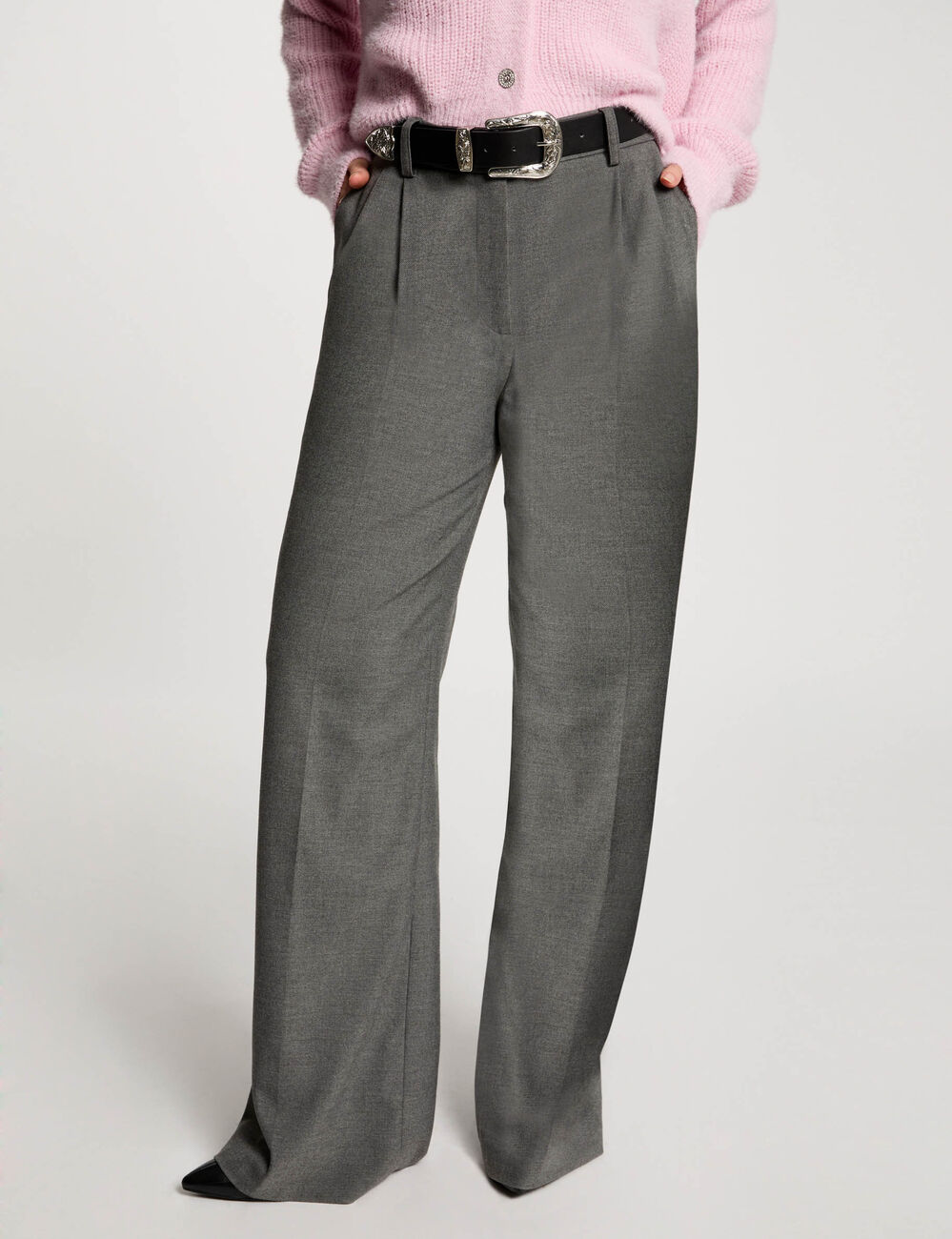 Pantalon large &agrave; pinces gris clair femme