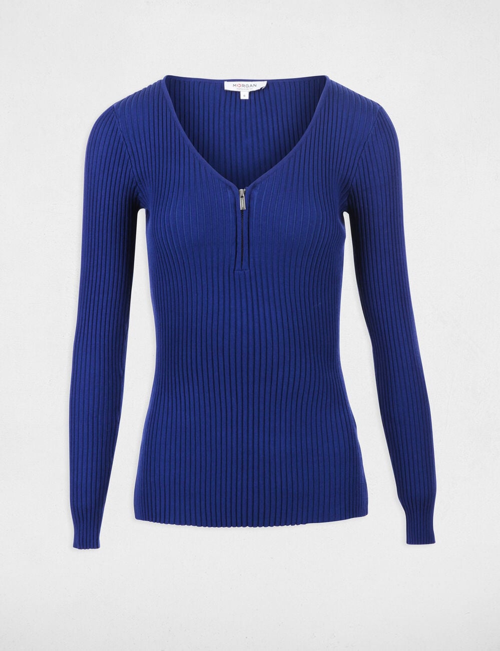 Pull manches longues tricotage en c&ocirc;te bleu femme