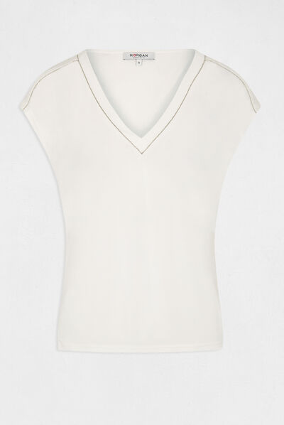 T-shirt manches courtes à col en V ecru femme