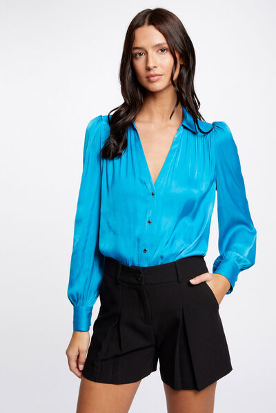 Chemise manches longues satin bleu femme