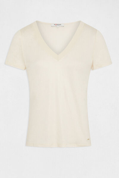 T-shirt manches courtes fils métallisés ivoire femme
