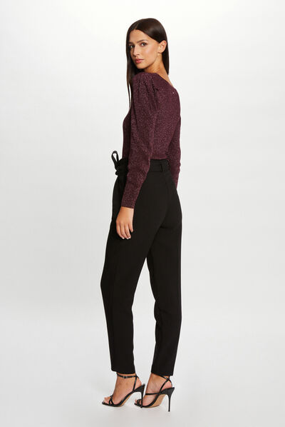Pull manches longues encolure carrée prune femme