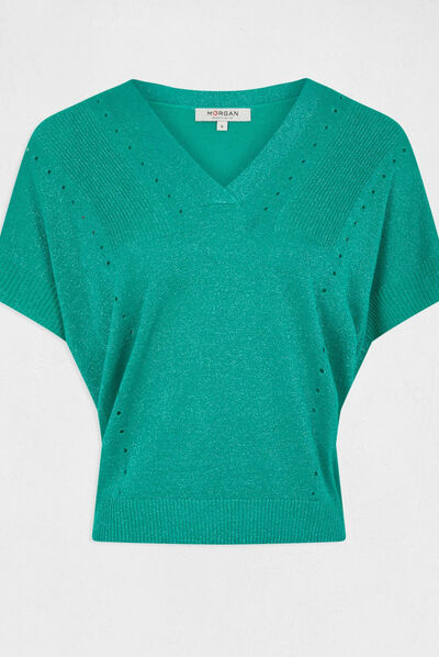 Pull manches courtes à col en V vert clair femme