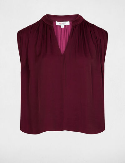 Blouse manches courtes satin prune femme