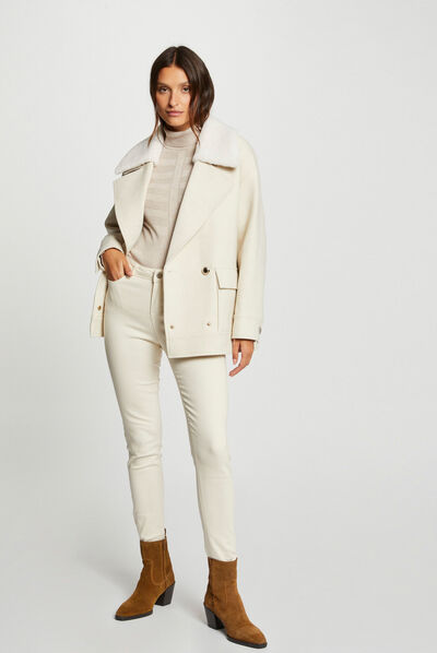 Manteau avec col fourrure amovible ivoire femme