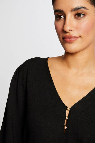Pull manches longues à col en V noir femme