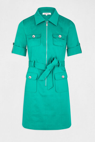 Robe droite manches courtes ceinturée vert moyen femme