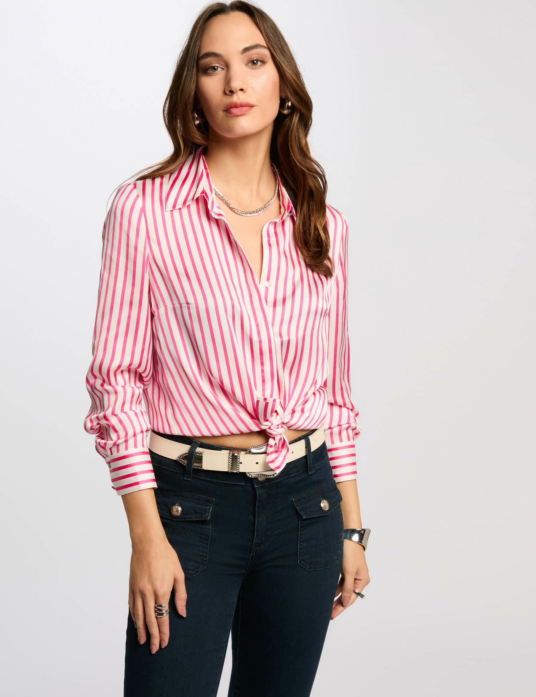 Chemise manches longues rayée rose femme