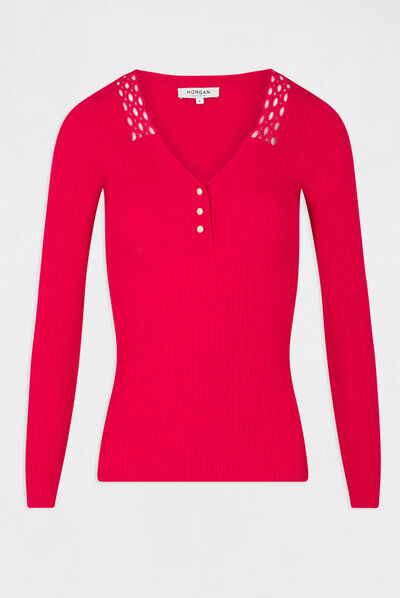 Pull manches longues à col en V framboise femme