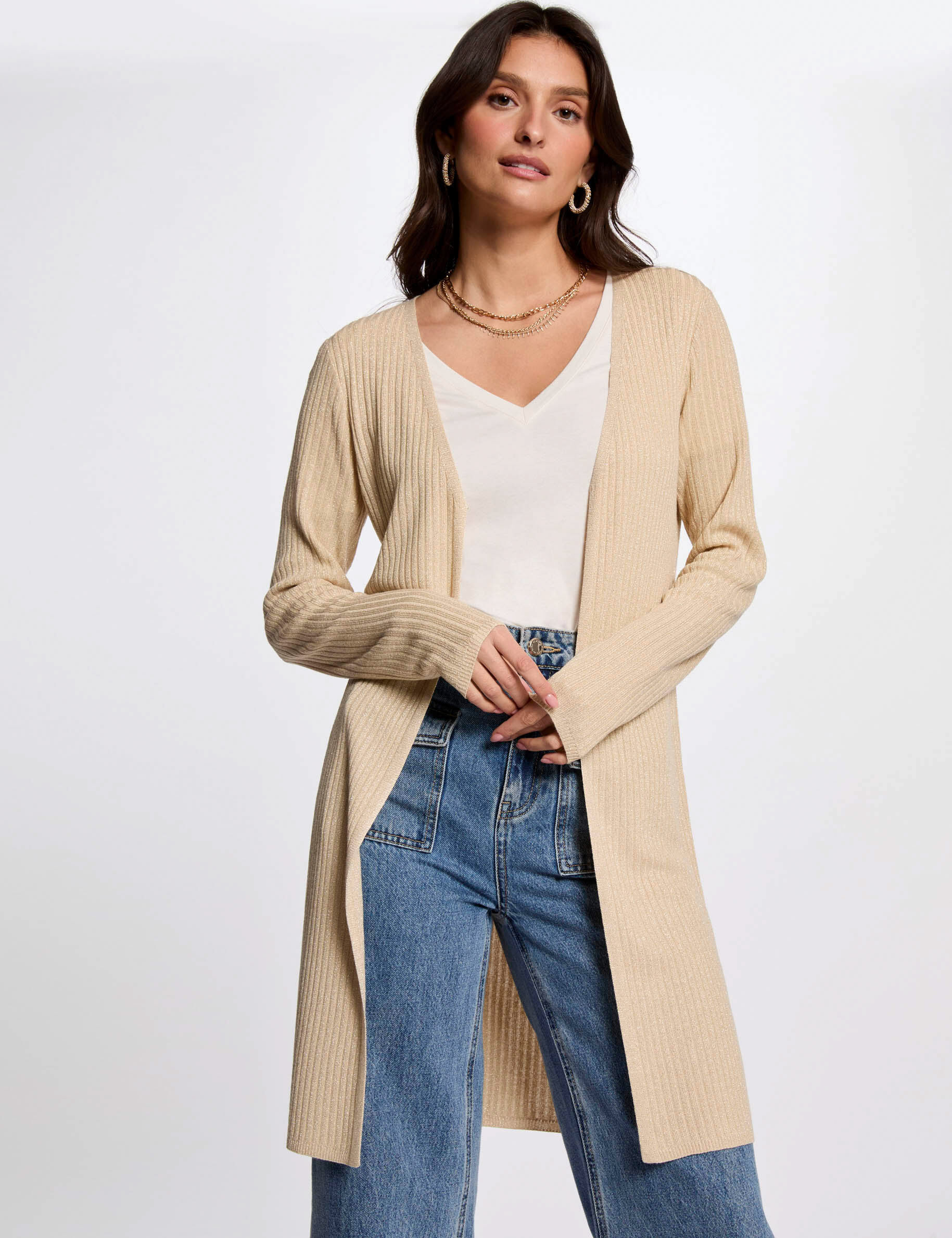 Gilet long col en V jaune or femme