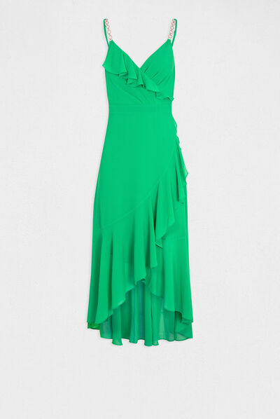 Robe longue évasée à volants vert femme