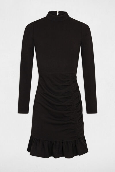 Robe ajustée à volants et col montant noir femme