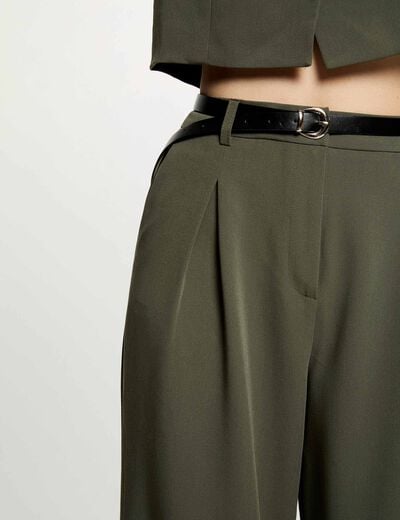 Pantalon large taille haute vert kaki femme