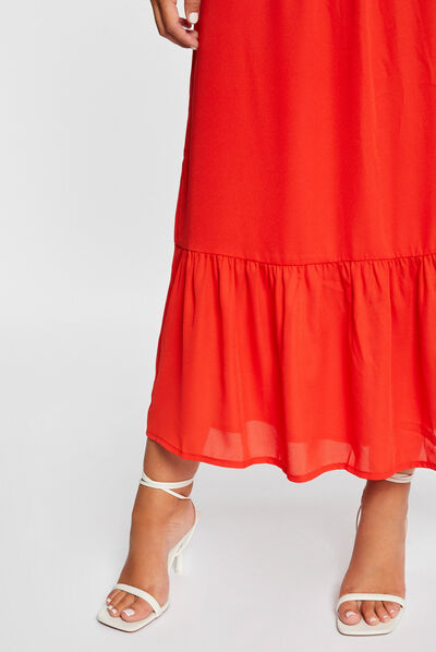 Robe longue cintrée col bustier rouge femme