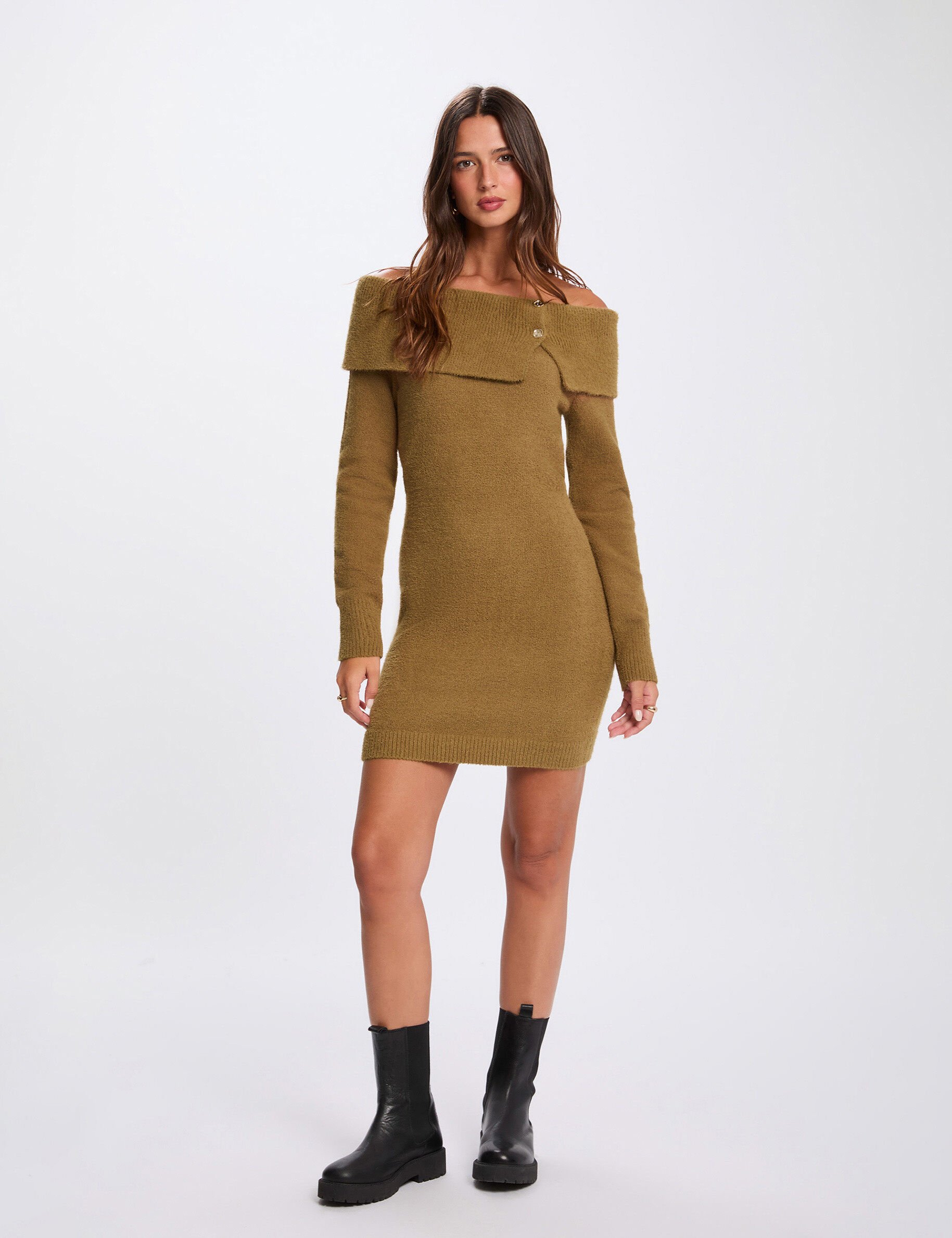 Robe courte col bardot camel femme