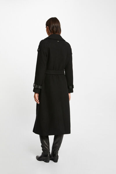 Manteau long cintré détails simili cuir noir femme