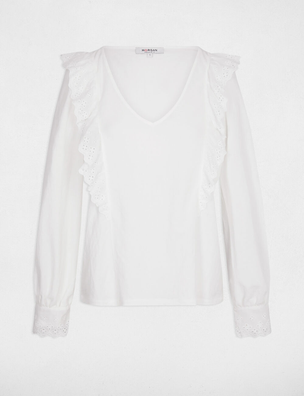 T-shirt brod&eacute; col v blanc femme