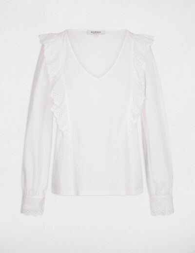 T-shirt brod&eacute; col v blanc femme